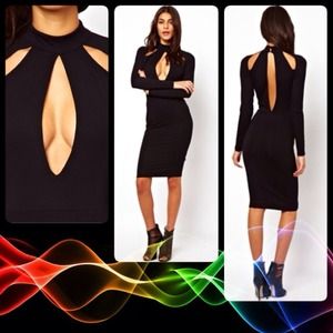 Deep Plunge Sexy Black Midi Dress