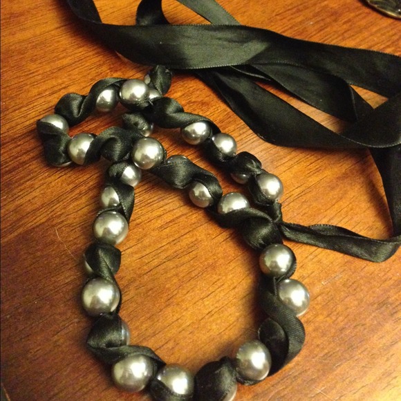 Pearl choker style necklace with black ribbon