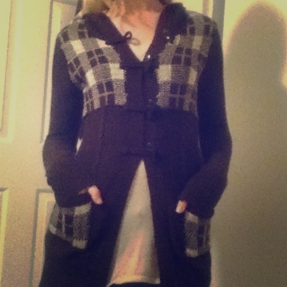 Hooded brown and plaid sweater