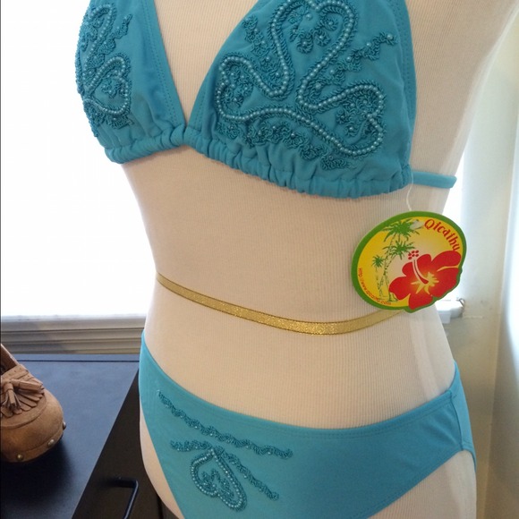 NWT!blue pearly beads luxury bikini size S - Picture 2 of 5