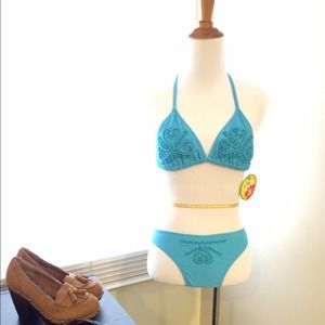 NWT!blue pearly beads luxury bikini size S