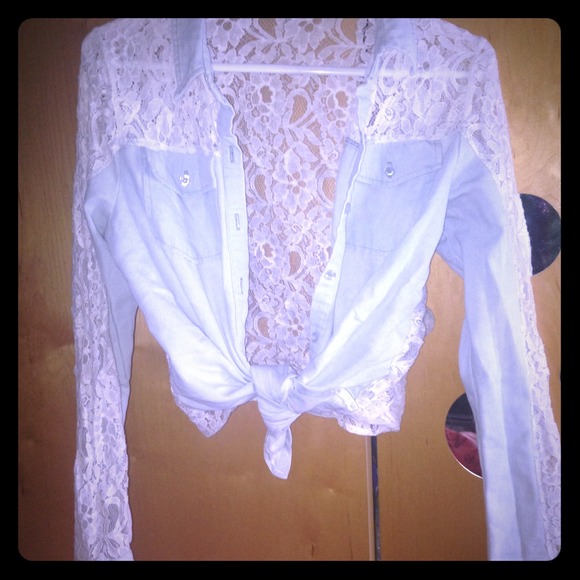 Floral white lace/jean button down shirt