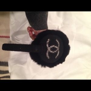 Chanel Paris black Lapin tweed/feltCC  ear muffs.
