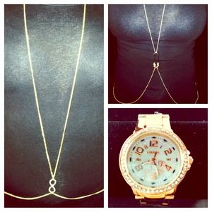 2 body chains an a rose gold watch