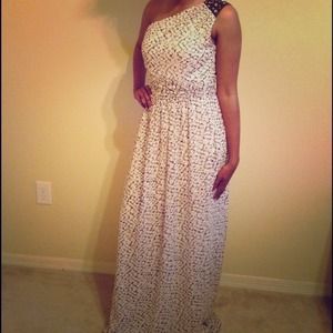 White Printed One Shoulder Evening Gown