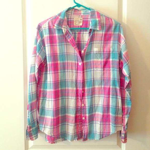 Teal, pink, and white plaid shirt!
