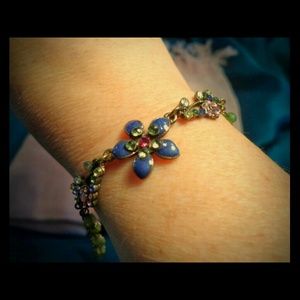 REDUCEDGold bracelet w green beads & purple flower