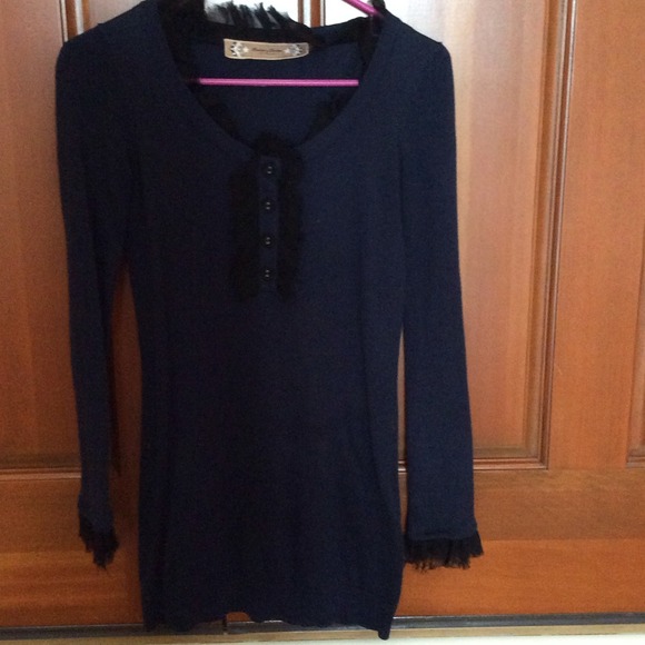 Navy and black ruffled sweater dress