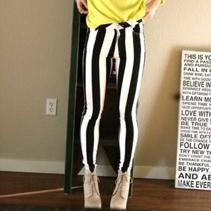 Black and white striped stretch jeans