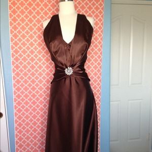 Brown satin floor length halter top dress
