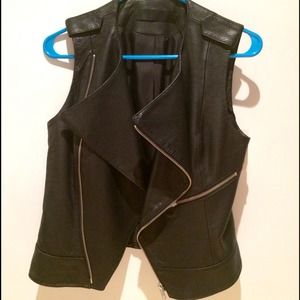 100% Black Leather Vest with Waterfall Collar