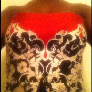 Red white and blue scroll design cocktail dress.