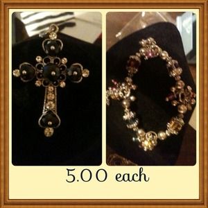 Gold tone cross pendant and cross charm bracelet