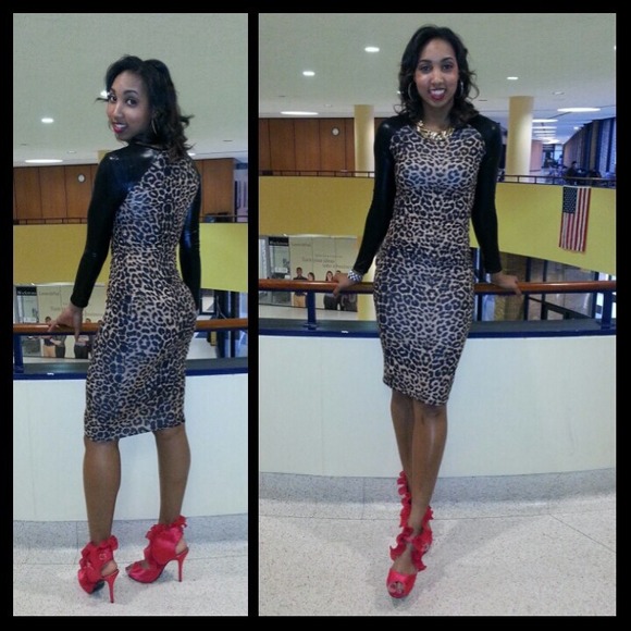 Faux leather sleeve dress