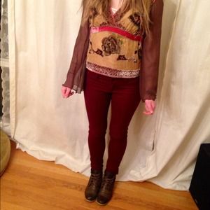 Soft, comfy, dark red/burgandy jeans.