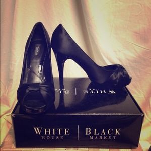 WHBM Black Satin Bow Peeptoe Pumps