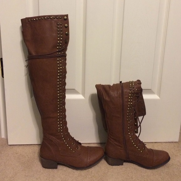 Over the knee lace up boots with studs