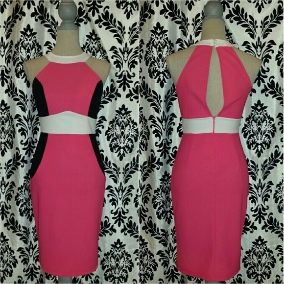 Pink Keyhole Colorblock Pencil Dress