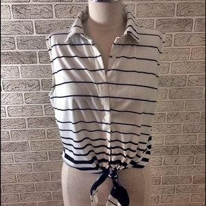 Blue and White Sleeveless Button Up Tie Front Top