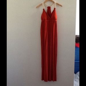 Orange long dress with tan straps