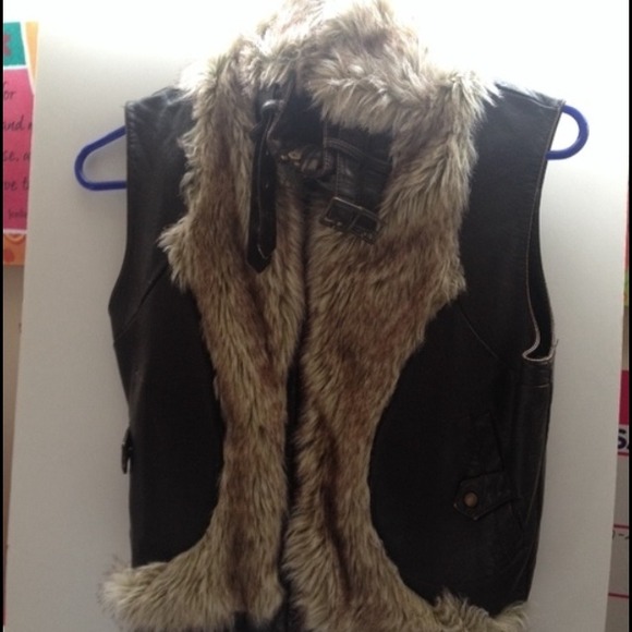Brown leather fur vest