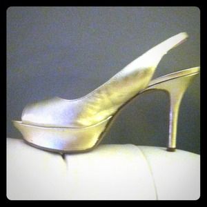 Gold platform peep toes