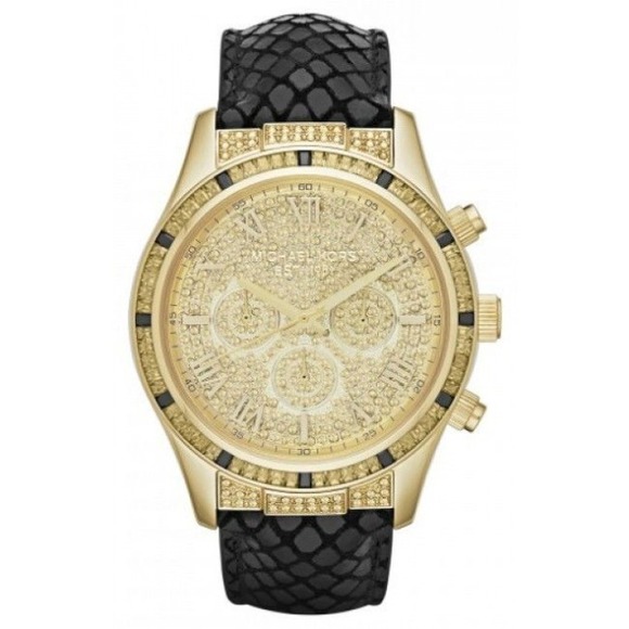 💰MICHAEL KORS💰 Black Leather Gold GLITZ Watch