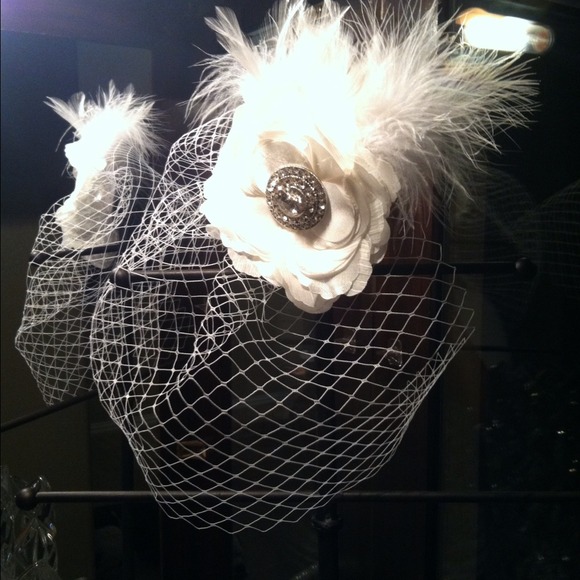 White Flower and Feather Birdcage Wedding Veil