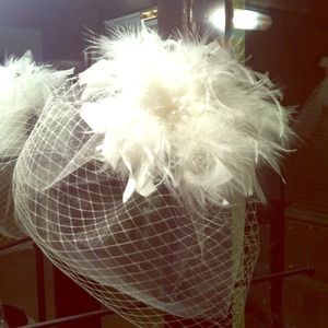 Ivory flower and feather birdcage wedding veil.