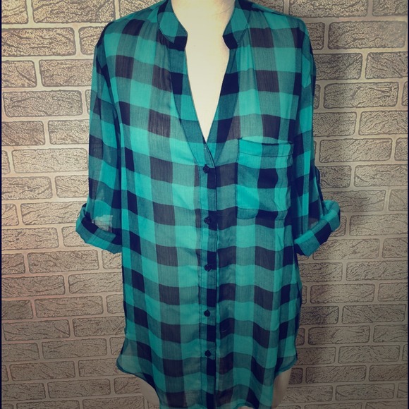 Teal and Black Checkered Button up Blouse