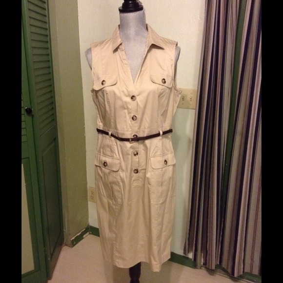 Beige button down dress.