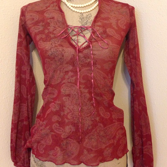 H&M sheer burgundy paisley top with ties