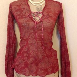 H&M sheer burgundy paisley top with ties