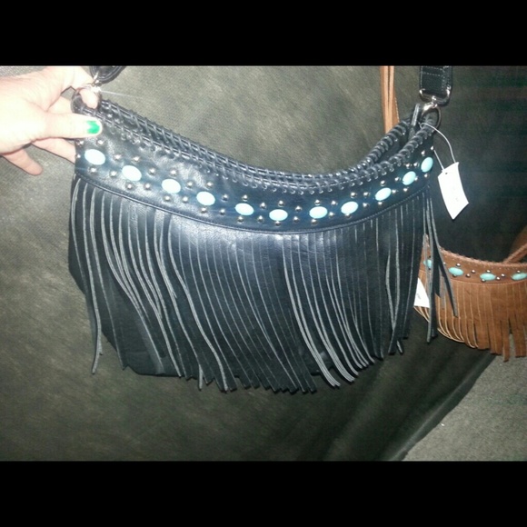 NWT LEATHER FRINGE & TURQUOISE SATCHEL - Picture 1 of 1