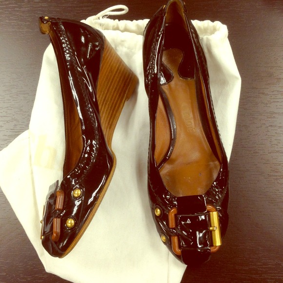 Chloe Shoes - Chloe black patent wedge buckle pumps