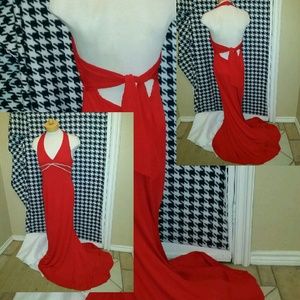 Red halter evening gown