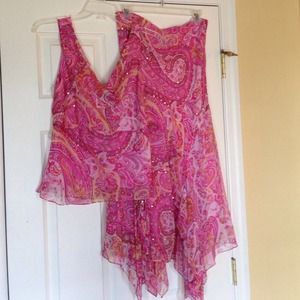 Asymmetrical, beaded, pink paisley silk dress.