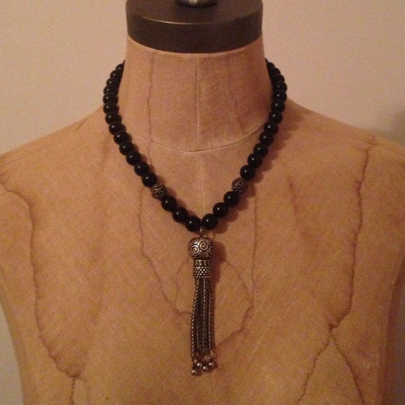 Semi-precious Stone Black Onyx Tassel Necklace