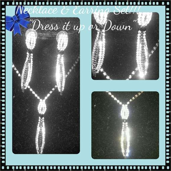 Black & Clear Rhinestone Set...Necklace with Matching Earrings-EUC-