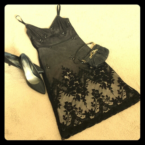 XS Arden B. Black lace over tan dress