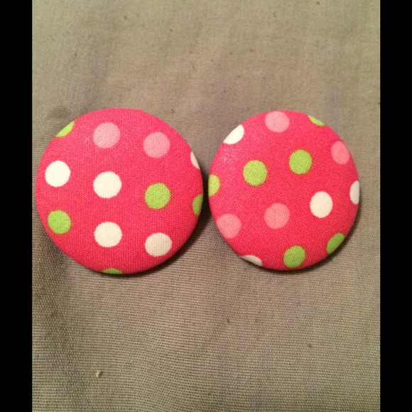 Pink,Green,White Polka Dot X-Large Button Earrings