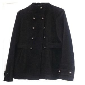 Charcoal colored double breasted flared coat