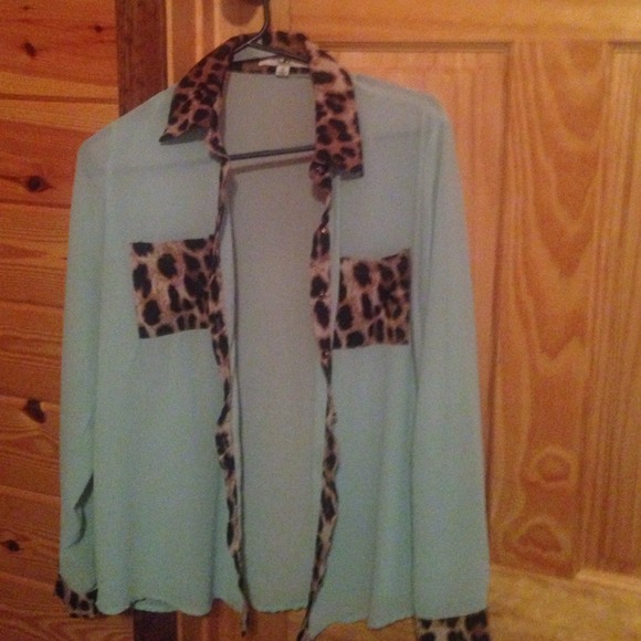 Mint green sheer long sleeve Ya Leopard trim top