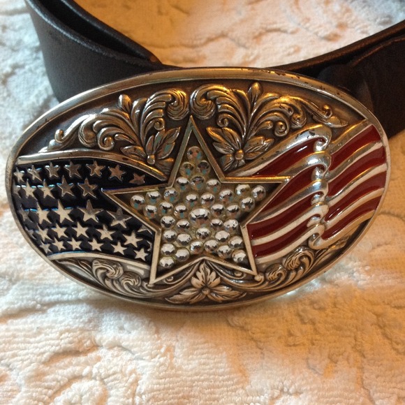 Black leather belt with 'Stars and Stripes' buckle