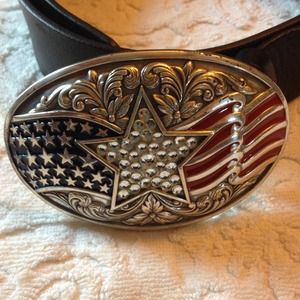 Black leather belt with 'Stars and Stripes' buckle