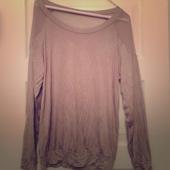 Taupe sweater with see-through shoulders and back