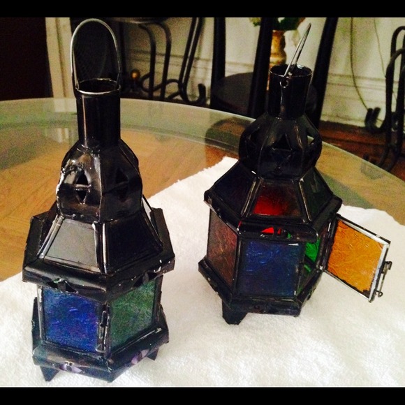 2 MULTICOLOR GLASS LACY METALWORK MOROCCAN LANTERN