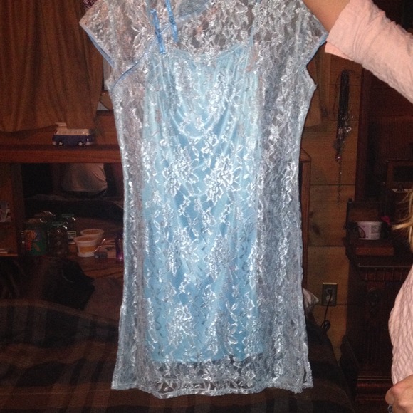 Chinese blue Kimono dress with lace overley.