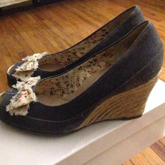 Peep toe denim wedge with bow accent