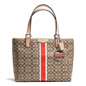 Coach SIGNATURE STRIPE 6CM TOTE KHAKI & HOT ORANGE